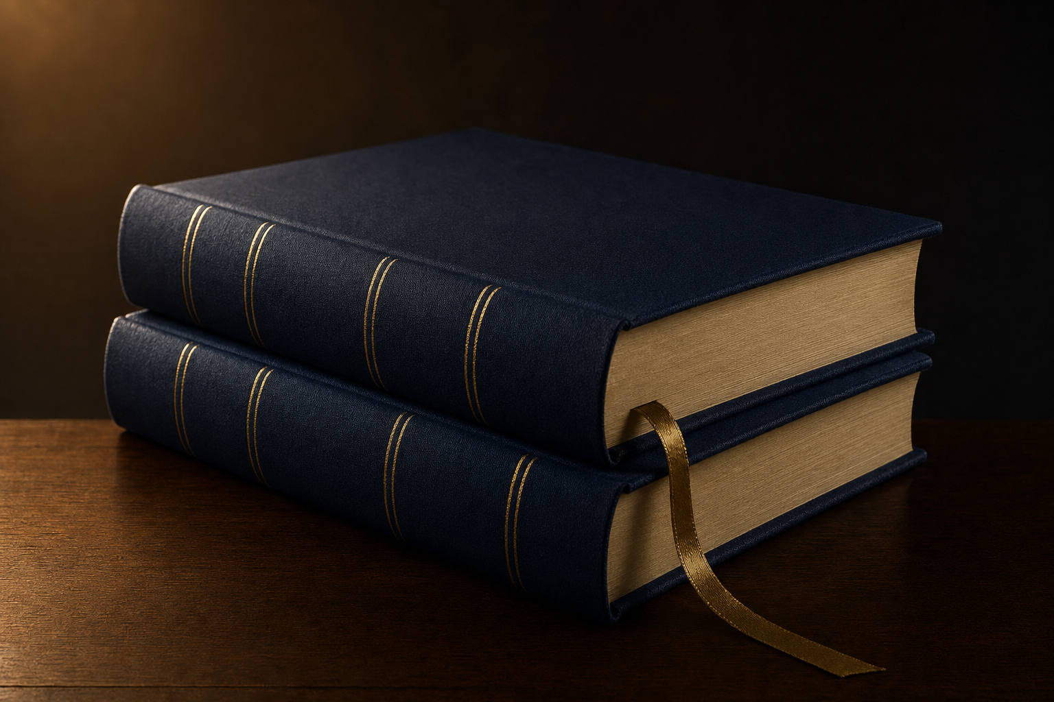 Two dark navy hardback legal volumes with gold spine banding, stacked on a wooden desk.